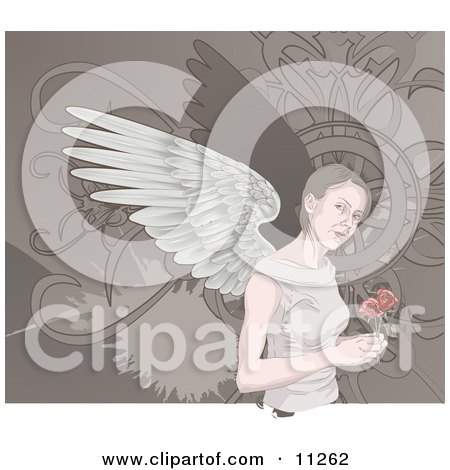 Angelic Woman With Wings, Holding Roses Clipart Illustration by AtStockIllustration