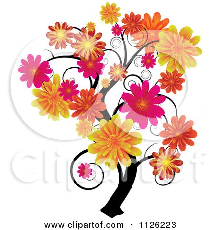 Clipart Of A Tree With Swirl Branches And Flowers - Royalty Free Vector Illustration by michaeltravers