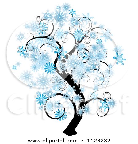 Clipart Of A Tree With Swirl Branches And Snowflakes - Royalty Free Vector Illustration by michaeltravers