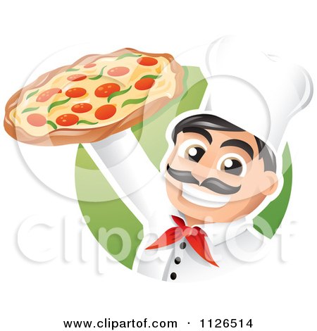 Cartoon Of A Happy Pizzeria Chef Holding Up A Pizza - Royalty Free Vector Clipart by TA Images