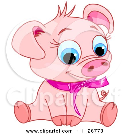 Cartoon Of A Cute Sitting Piglet Wearing A Pink Ribbon With Its Head Tilted To The Right - Royalty Free Vector Clipart by Pushkin