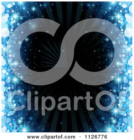 Clipart Of A Blue Christmas Magic Background With Snowflakes Rays And Black Copyspace - Royalty Free Vector Illustration by dero