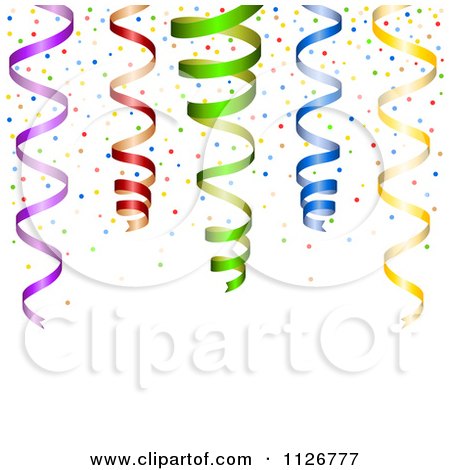 Clipart Of A Party Background With Colorful Confetti And Curly Ribbons - Royalty Free Vector Illustration by dero