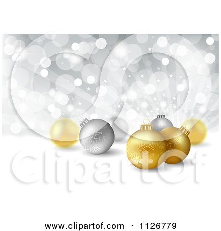 Clipart Of A Silver Bokeh Light Christmas Background With 3d Snowflake Baubles - Royalty Free Vector Illustration by dero