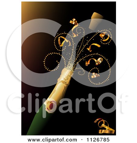Clipart Of A Cork Flying Off Of A Bottle Of Champagne With Ribbons - Royalty Free Vector Illustration by dero
