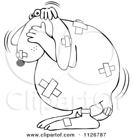 Cartoon Of An Outlined Battered Dog Covered In Bandages - Royalty Free Vector Clipart by djart