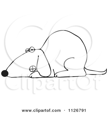 Cartoon Of An Outlined Growling Dog Laying Down - Royalty Free Vector Clipart by djart