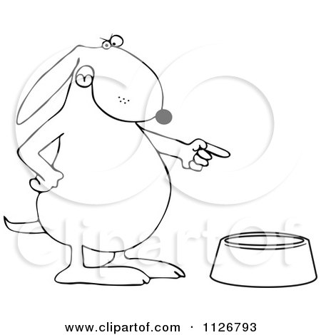 Cartoon Of An Outlined Angry Dog Pointing To An Empty Food Bowl - Royalty Free Vector Clipart by djart