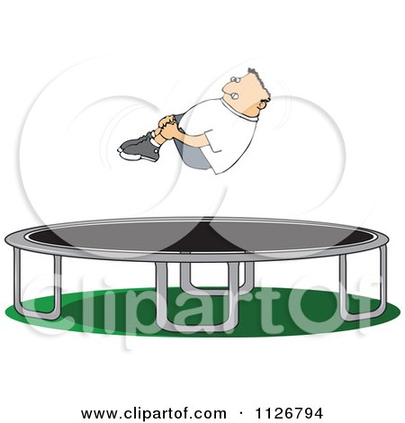 Cartoon Of A Boy Hugging His Knees In The Air Over A Trampoline - Royalty Free Vector Clipart by djart