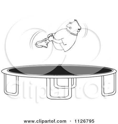 Cartoon Of An Outlined Boy Hugging His Knees In The Air Over A Trampoline - Royalty Free Vector Clipart by djart