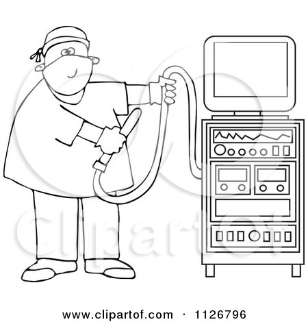 Cartoon Of An Outlined Proctologist Doctor With Colonoscopy Equipment - Royalty Free Vector Clipart by djart