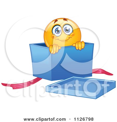Cartoon Of A Cute Emoticon Smiley In A Gift Box - Royalty Free Vector Clipart by yayayoyo