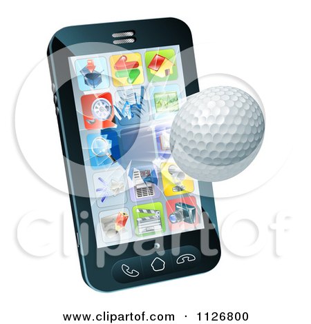 Clipart Of A 3d Golf Ball Flying Through And Breaking A Cellphone Screen - Royalty Free Vector Illustration by AtStockIllustration