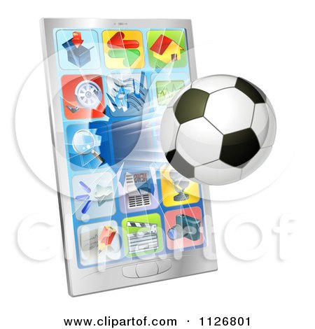 Clipart Of A 3d Soccer Ball Flying Through And Breaking A Cell Phone Screen - Royalty Free Vector Illustration by AtStockIllustration