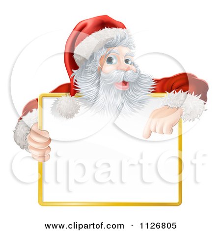 Clipart Of A Happy Santa Holding And Pointing Down At A Sign - Royalty Free Vector Illustration by AtStockIllustration