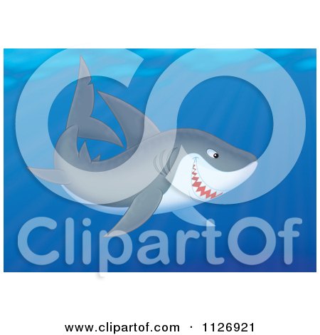 Cartoon Of A Shark Swimming In Blue Ocean Water - Royalty Free Clipart by Alex Bannykh