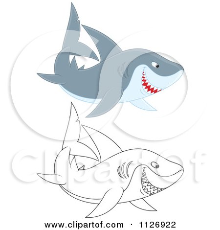 Cartoon Of Colored And Outlined Sharks - Royalty Free Vector Clipart by Alex Bannykh