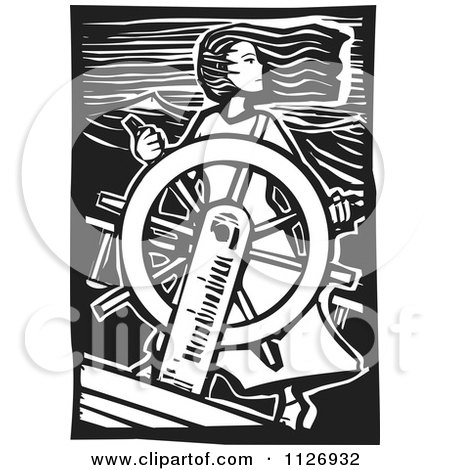 Clipart Of A Female Pirate At The Helm Black And White Woodcut - Royalty Free Vector Illustration by xunantunich