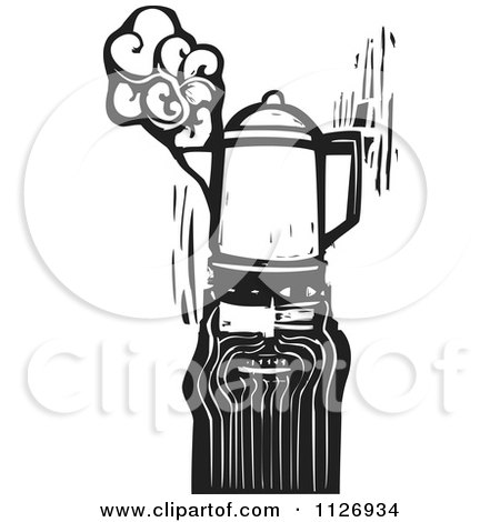 Clipart Of A Man With A Coffee Percolator Head Black And White Woodcut - Royalty Free Vector Illustration by xunantunich