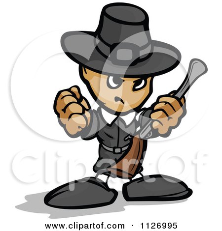Cartoon Of A Tough Thanksgiving Pilgrim Holding Up A Fist And Rifle - Royalty Free Vector Clipart by Chromaco