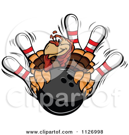 Cartoon Of A Turkey Bird Mascot With A Bowling Ball And Pins - Royalty Free Vector Clipart by Chromaco
