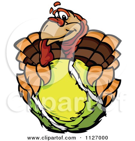 Cartoon Of A Turkey Bird Mascot Holding Out A Tennis Ball - Royalty Free Vector Clipart by Chromaco