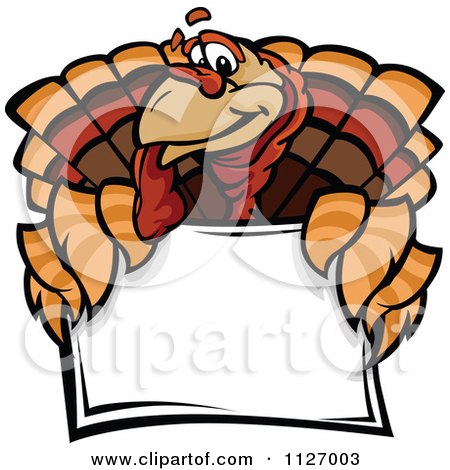 Cartoon Of A Turkey Bird Mascot Over A Sign - Royalty Free Vector Clipart by Chromaco