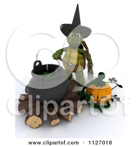 Clipart Of A 3d Witch Tortoise With A Halloween Pumpkin And Cauldron Full Of Eyeballs - Royalty Free CGI Illustration by KJ Pargeter