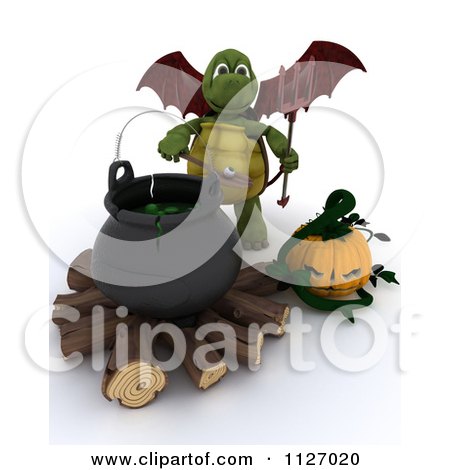 Clipart Of A 3d Devil Tortoise With A Halloween Pumpkin And Cauldron Full Of Eyeballs - Royalty Free CGI Illustration by KJ Pargeter