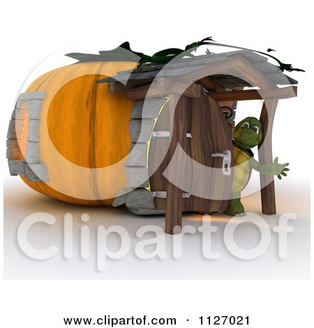 Clipart Of A 3d Tortoise At A Pumpkin Cottage House - Royalty Free CGI Illustration by KJ Pargeter