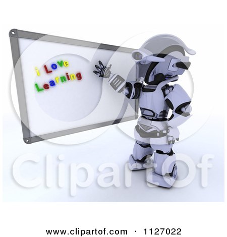 Clipart Of A 3d Robot Teacher Presenting A White Board With I Love Learning Magnets - Royalty Free CGI Illustration by KJ Pargeter