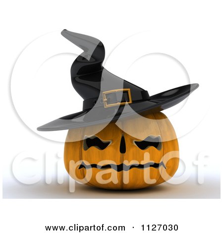 Clipart Of A 3d Carved Jackolantern Halloween Pumpkin With A Witch Hat - Royalty Free CGI Illustration by KJ Pargeter