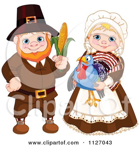 Cartoon Of A Happy Pilgrim Man Holding Corn And Woman Holding A Thanksgiving Turkey Bird - Royalty Free Vector Clipart by Pushkin