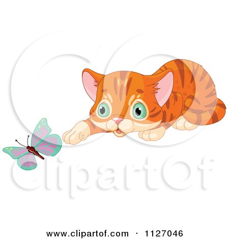 Cartoon Of A Cute Curious Ginger Cat Watching A Butterfly - Royalty Free Vector Clipart by Pushkin
