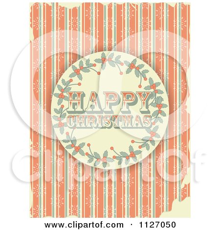 Clipart Of A Retro Happy Christmas Holly Circle On Grungy Orange Stripes And Snowflakes - Royalty Free Vector Illustration by elaineitalia