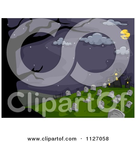 Cartoon Of A Full Moon And Bare Tree Framing A Cemetery At Night - Royalty Free Vector Clipart by BNP Design Studio