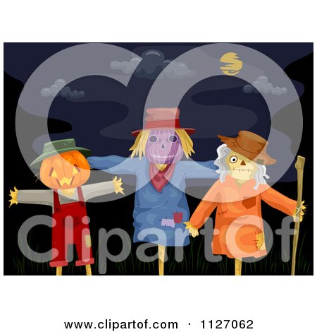 Cartoon Of A Creepy Halloween Scarecrows Under A Night Sky - Royalty Free Vector Clipart by BNP Design Studio