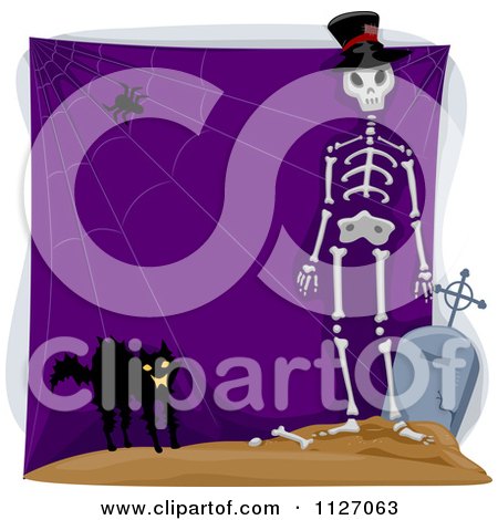 Cartoon Of A Scared Black Cat Spider Web And Skeleton With A Tombstone On Purple - Royalty Free Vector Clipart by BNP Design Studio