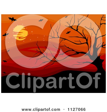 Cartoon Of A Bare Tree And Vampire Bats Against A Red Sky With A Full Moon - Royalty Free Vector Clipart by BNP Design Studio