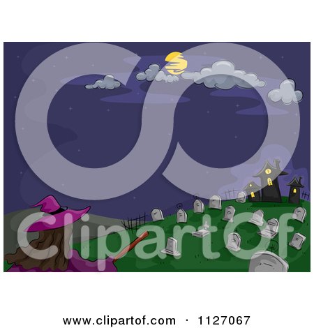 Cartoon Of A Witch Flying Towards A Cemetery - Royalty Free Vector Clipart by BNP Design Studio