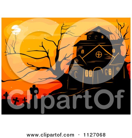 Haunted House With Spooky Bare Trees And Tombstones Against An Orange Sky Posters, Art Prints