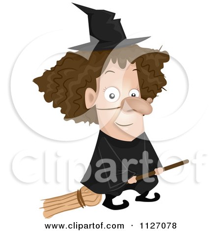 Cartoon Of A Kid In A Witch Costume On A Broomstick - Royalty Free Vector Clipart by BNP Design Studio