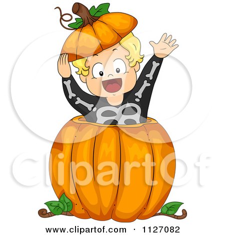 Cartoon Of A Boy In A Skeleton Costume Popping Out Of A Halloween Pumpkin - Royalty Free Vector Clipart by BNP Design Studio