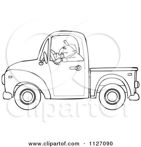 Cartoon Of An Outlined Worker Driving A Truck - Royalty Free Vector Clipart by djart