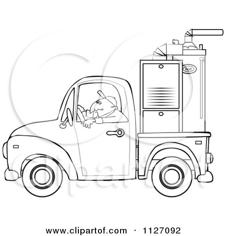 Cartoon Of An Outlined Worker Driving A Truck With A Furnace In The Bed - Royalty Free Vector Clipart by djart