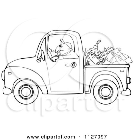 Cartoon Of An Outlined Worker Driving A Truck With Firewood Gasoline And A Saw In The Bed - Royalty Free Vector Clipart by djart