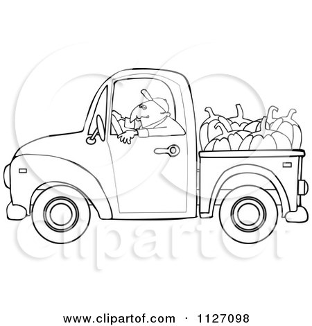 Cartoon Of An Outlined Farmer Driving A Truck With Pumpkins In The Bed - Royalty Free Vector Clipart by djart