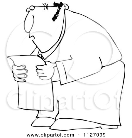 Cartoon Of An Outlined Chubby Man Reading A Newspaper In Shock - Royalty Free Vector Clipart by djart