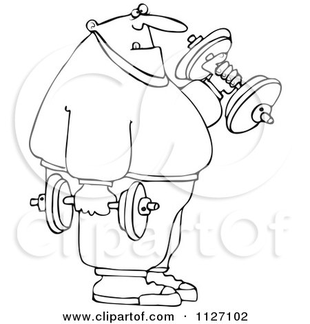 Cartoon Of An Outlined Chubby Bald Man Lifting Weights - Royalty Free Vector Clipart by djart