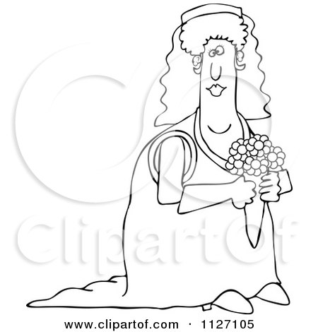 Cartoon Of An Outlined Happy Bride Carrying Her Bouquet - Royalty Free Vector Clipart by djart
